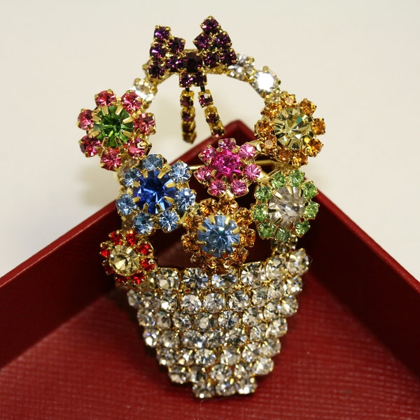 Vintage Design Rhinestone Easter Flower Basket Brooch Pin, Easter Egg Basket Jewelry Gift, Easter Brooch Jewelry
