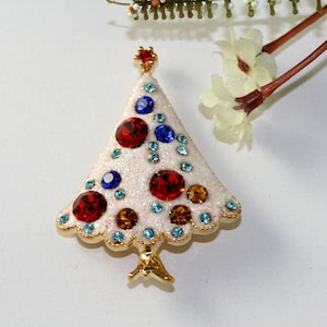 White Glitter Rhinestone Christmas Tree Brooch, Xmas Holiday Gift Jewelry