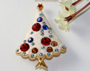 White Glitter Rhinestone Christmas Tree Brooch, Xmas Holiday Gift Jewelry