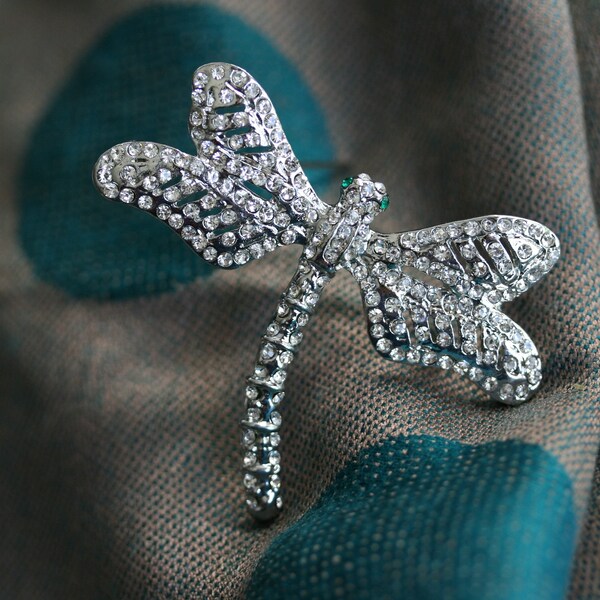 Vintage Rhinestone Clear Crystal Silver Tone Dragonfly Brooch/ Pin Antique Dragonfly Brooch