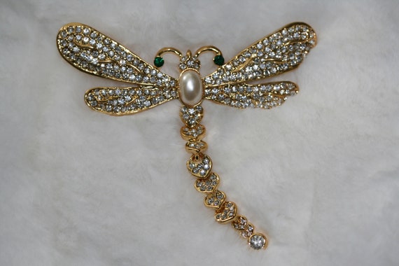 Large Vintage Rhinestone Dragonfly Brooch  with A… - image 2