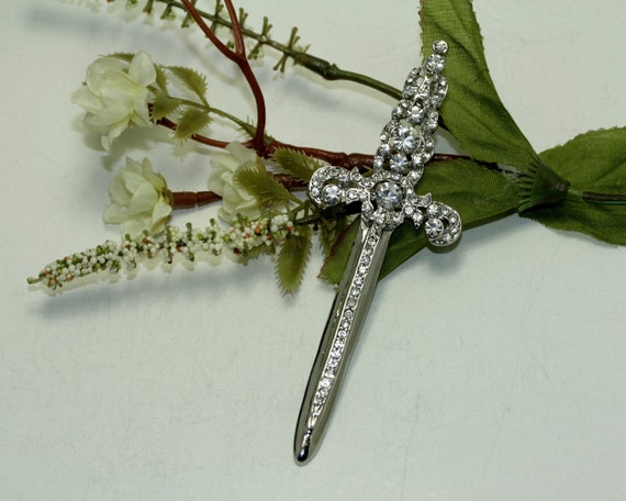 Rhinestone Jeweled Silver-plated Sword Pin Brooch… - image 7