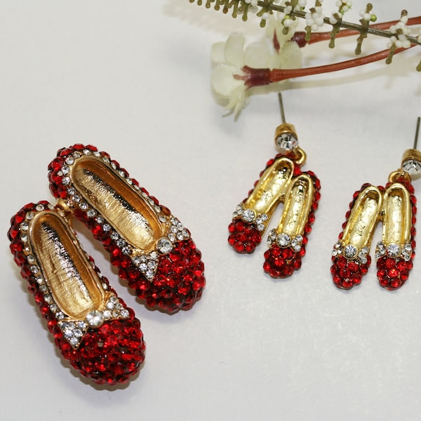 Ruby Rhinestone Slipper Brooch/Pin & Dangle Earrings Set, Red Ruby Rhinestone Gold Tone Slipper Jewelry Set