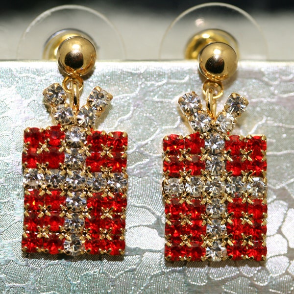 Xmas Christmas Gift Box Package Crystal Rhinestone Stud Earrings, Holiday Earrings Jewelry Gift