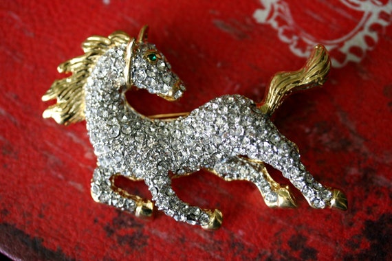 Vintage Art Rhinestone Galloping Horse Pin, Diamante … - Gem