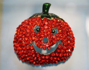 Large Rhinestone Halloween Pumpkin Brooch Pin, Fashion Costume Holiday Jewelry, Crystal Pumpkin Brooch Pin