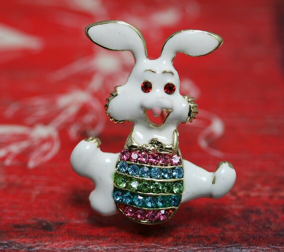 Rhinestone Crystal Enamel Spring Easter Bunny Rabbit Egg Brooch