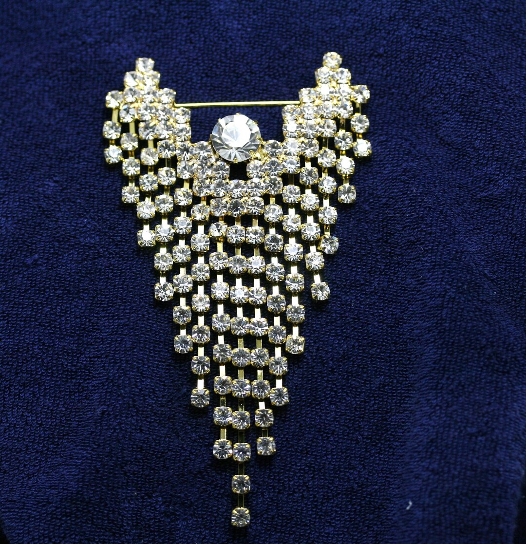 Vintage Large Rhinestone Winged Angel Brooch Clear Waterfall Crystal