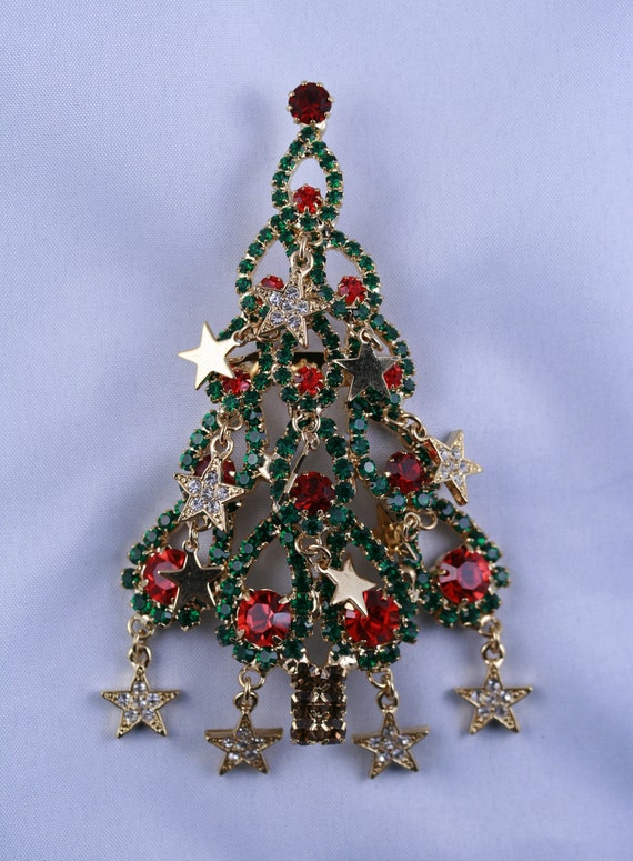 Large Rhinestone Christmas Tree Brooch Dangle Sta… - image 10