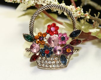 Colorful Antique Flower Basket Brooch Pin Artificial Crystal Rhinestone Vintage Flower Diamond Brooch, Easter Flower Basket Pin Jewelry