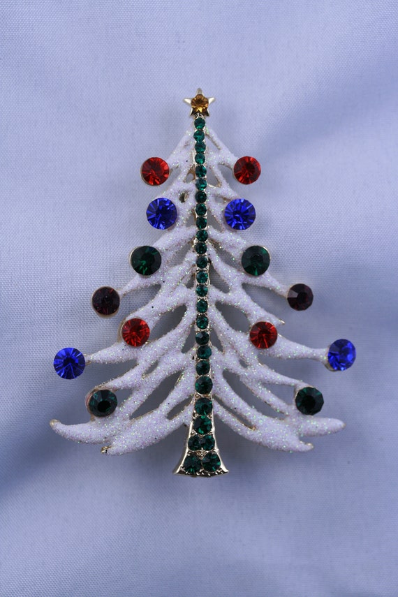 White Glitter Traditional Christmas Tree Pin Broo… - image 9