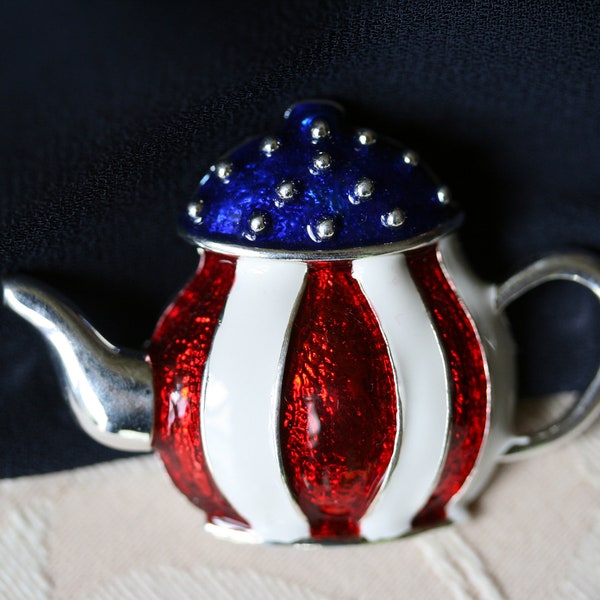 Patriotic Enamel Crystal Teapot Pin American Brooch Red White Blue Brooch American flag teapot kettle brooch, Fourth of July