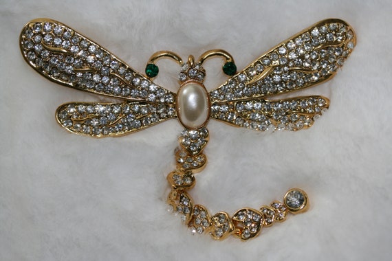 Large Vintage Rhinestone Dragonfly Brooch  with A… - image 4