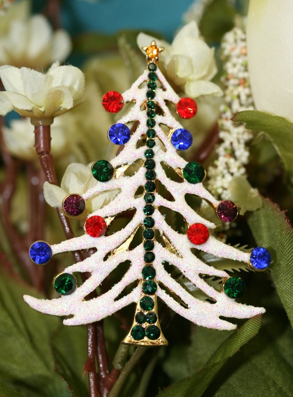 White Glitter Traditional Christmas Tree Pin Broo… - image 5