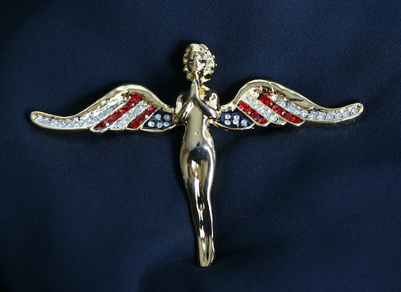 Vintage Flying Angel with Crystal USA Flag Wings … - image 4