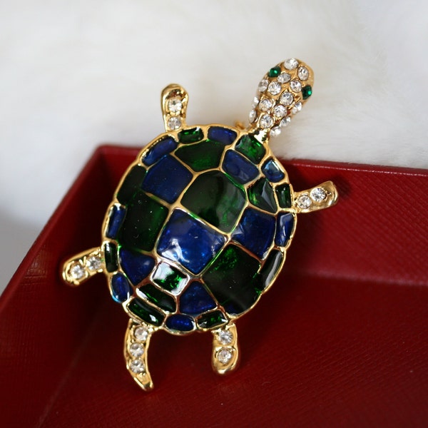 Blue and Green Enamel Rhinestone Turtle Brooch Pin Sea Turtle Jewelry