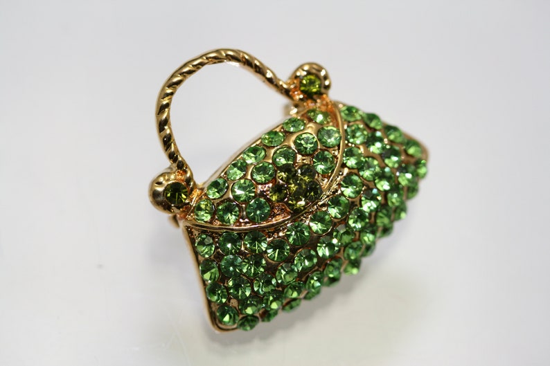 Crystal Women Basket Purse Handbag Trinket Brooch Pin, Rhinestone Women Purse Fashion Jewelry Gift, DIY Jewelry Green