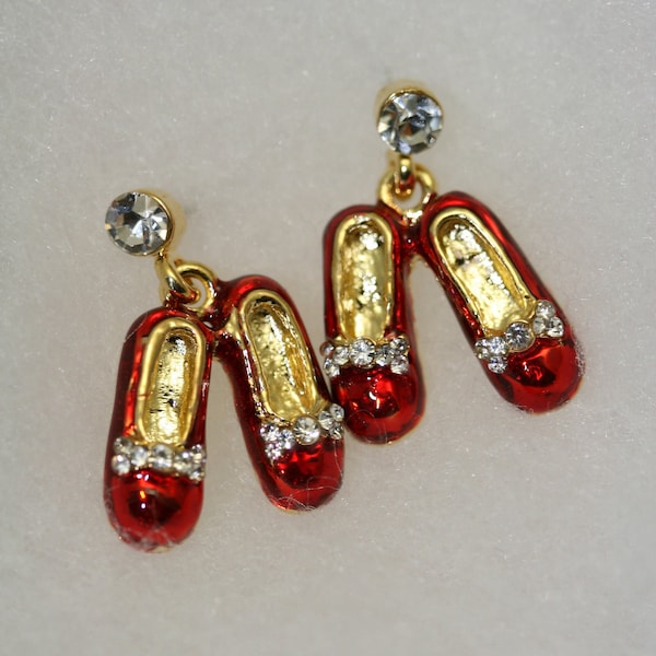 Rhinestone Ruby Slipper Red Enameled Post Earrings Ruby Red Slippers Crystal Sparkle Wizard Of Oz Style