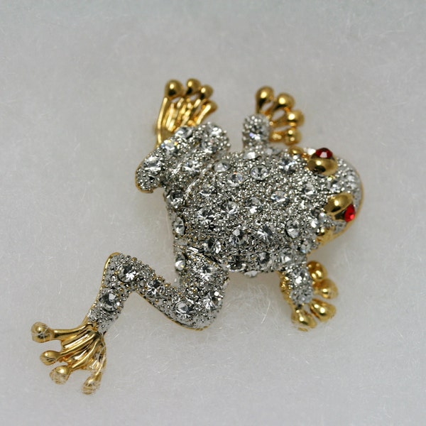 broche grenouille bicolore vintage, grande broche grenouille strass, bijoux grenouille en cristal