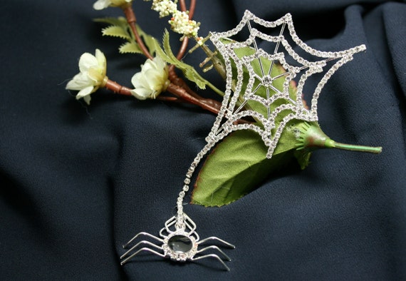 Halloween Vintage SPIDER & WEB Rhinestone Brooch,… - image 8