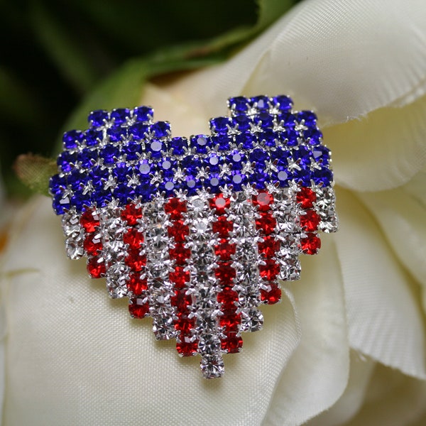 Rhinestone USA Patriotic 4th July Red White Blue Heart Pin Brooch