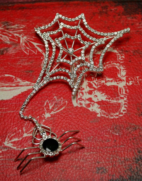 Halloween Vintage SPIDER & WEB Rhinestone Brooch,… - image 2