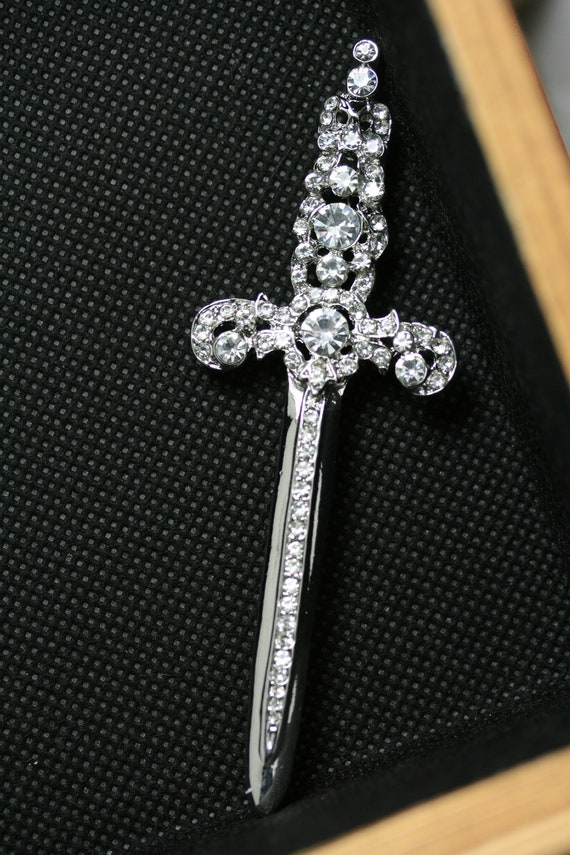 Rhinestone Jeweled Silver-plated Sword Pin Brooch… - image 2