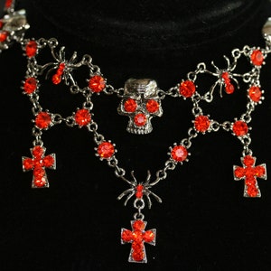 Halloween Rhinestone Spider Skull Choker Necklace Vintage Cross Jewelry