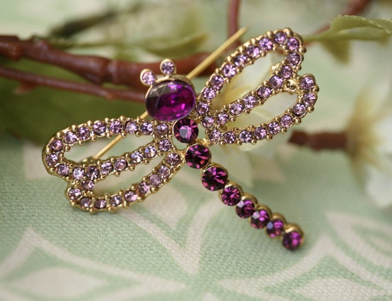 Vintage Dragonfly Brooch Handcrafted Rhinestone S… - image 1