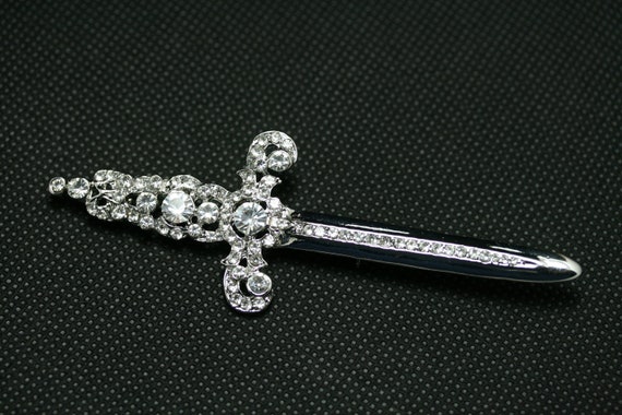 Rhinestone Jeweled Silver-plated Sword Pin Brooch… - image 1