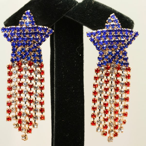 USA Patriotic 4th of July Independence Day Gift, Red White Blue Rhinestone Shooting Star Post Earrings