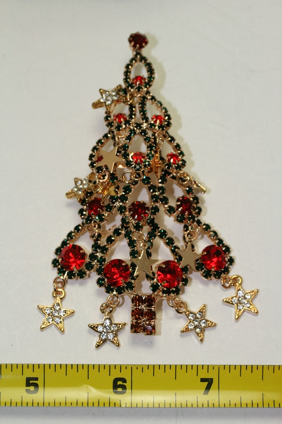 Large Rhinestone Christmas Tree Brooch Dangle Sta… - image 6