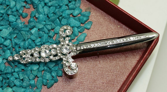 Rhinestone Jeweled Silver-plated Sword Pin Brooch… - image 3