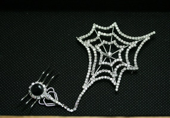 Halloween Vintage SPIDER & WEB Rhinestone Brooch,… - image 1