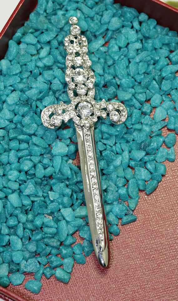 Rhinestone Jeweled Silver-plated Sword Pin Brooch… - image 8