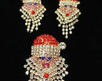 Vintage Sparkly Rhinestone Santa Claus Face Brooch Pin and Earrings Set,  Xmas Holiday Jewelry Gift