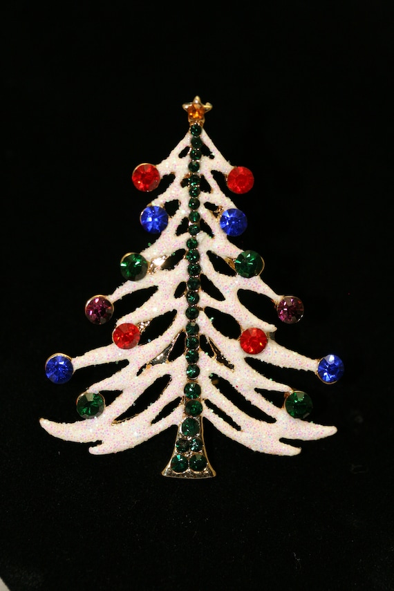 White Glitter Traditional Christmas Tree Pin Broo… - image 6