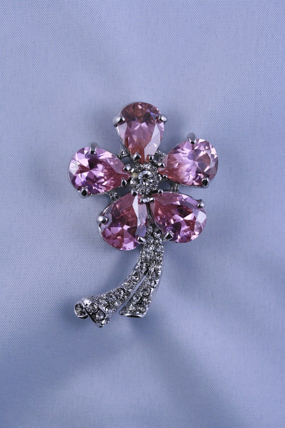 Vintage Pink Topaz Rhinestone Flower Pin Brooch, F