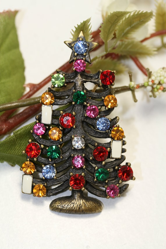 Brooches & Lapel Pins, Sparkly Multicolor Rhinestone Crystal Tree Brooch, Golden Brooch