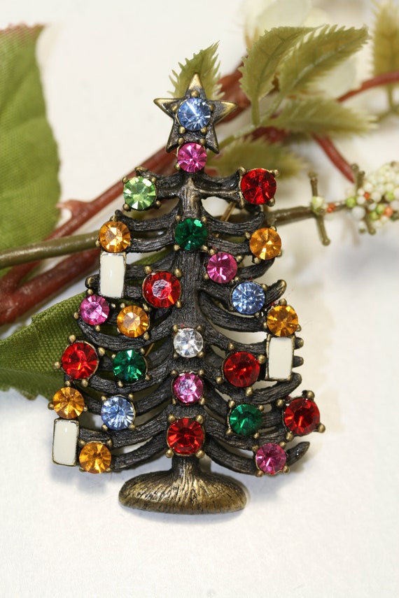 Vintage Rhinestone Christmas Tree 3 Candles Star Brooch Pin Etsy