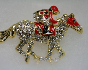 Kentucky Derby Racing Horse Jockey Pin Brooch, Rhinestone Jewelry, Equestrian Horses Kentucky Derby