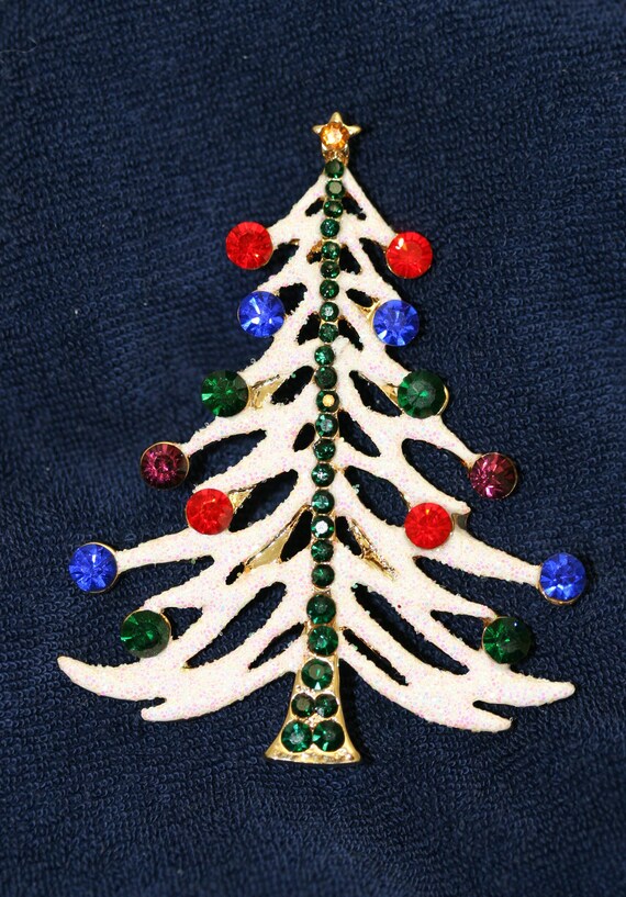 White Glitter Traditional Christmas Tree Pin Broo… - image 2