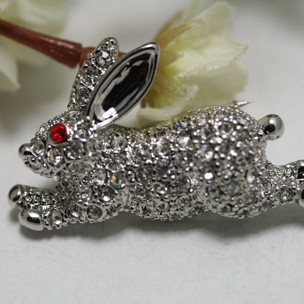 Easter Weiss Bunny Rabbit Rhinestone Brooch Pin, Crystal Easter Bunny, Rabbit Pin