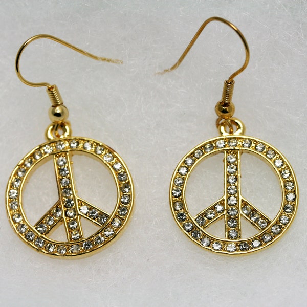 Gold Tone Crystal Peace Sign Drop Earrings, Rhinestone Peace sign France Hook Drop Earrings
