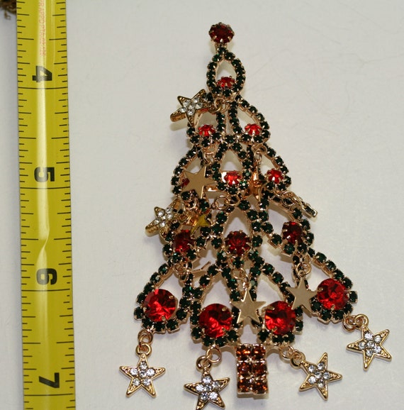 Large Rhinestone Christmas Tree Brooch Dangle Sta… - image 5