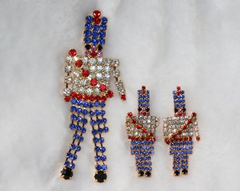 Vintage Red White Blue Christmas 3.5" Toy Soldier Dangle Rhinestone Pin Brooch, Toy Soldier Post Earrings
