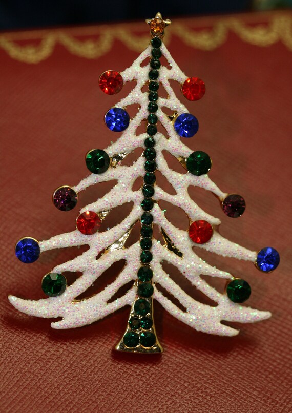 White Glitter Traditional Christmas Tree Pin Broo… - image 4