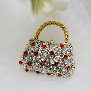 Crystal Women Basket Purse Handbag Trinket Brooch Pin, Rhinestone Women Purse Fashion Jewelry Gift, DIY Jewelry Clear-Red