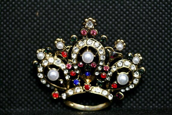 Vintage Rhinestone Crown Brooch Pin With Faux Seed Pearl in Etsy