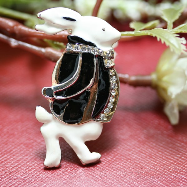 Rhinestone Easter Bunny Rabbit Brooch, Black & White Enamel Rabbit Lapel Pin Brooch